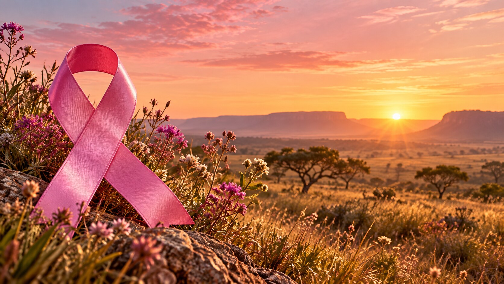 Laço rosa diante de uma paisagem do Cerrado ao amanhecer